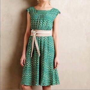 Maeve Evaline Green and Cream Midi Dress Smocked XL